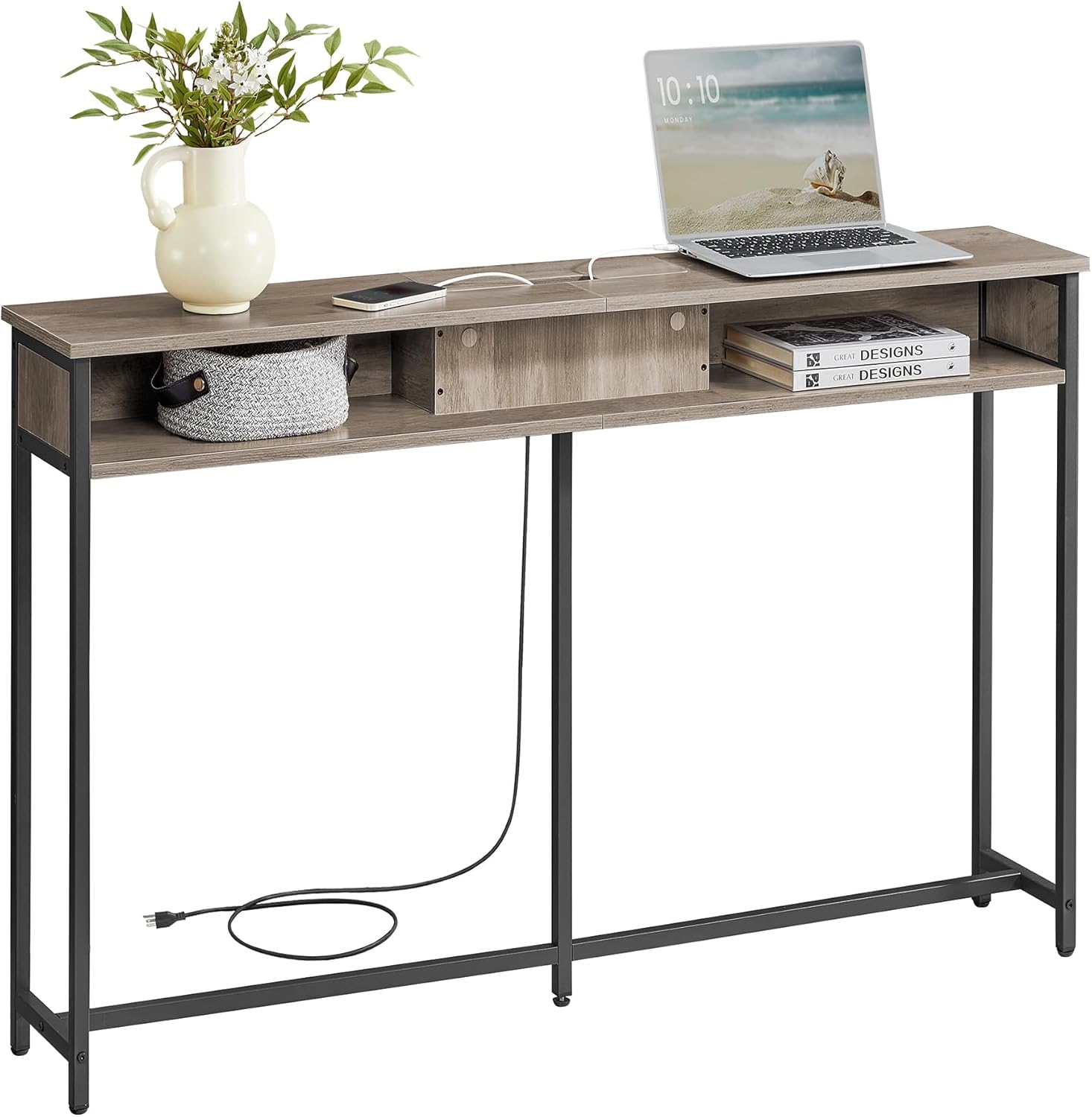 VASAGLE 55.1-Inch Console Table with Outlet and Shelves, Sofa Table with Charging Station, Behind Couch Table Skinny, Entryway Table for Hallway, Living Room, Heather Greige and Ink Black ULNT120K02 55.1"W Heather Greige + Ink Black