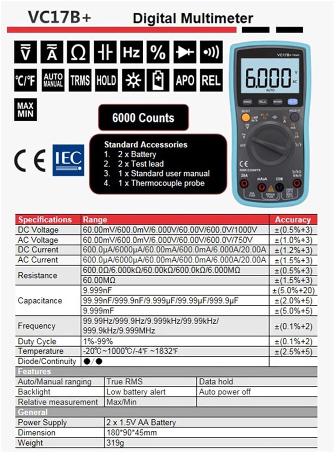 VC17B+ Digital Multimeter 6000 Counts Multimetro Multitester Digital Profesional Transistor Capacitor Tester esrmeter