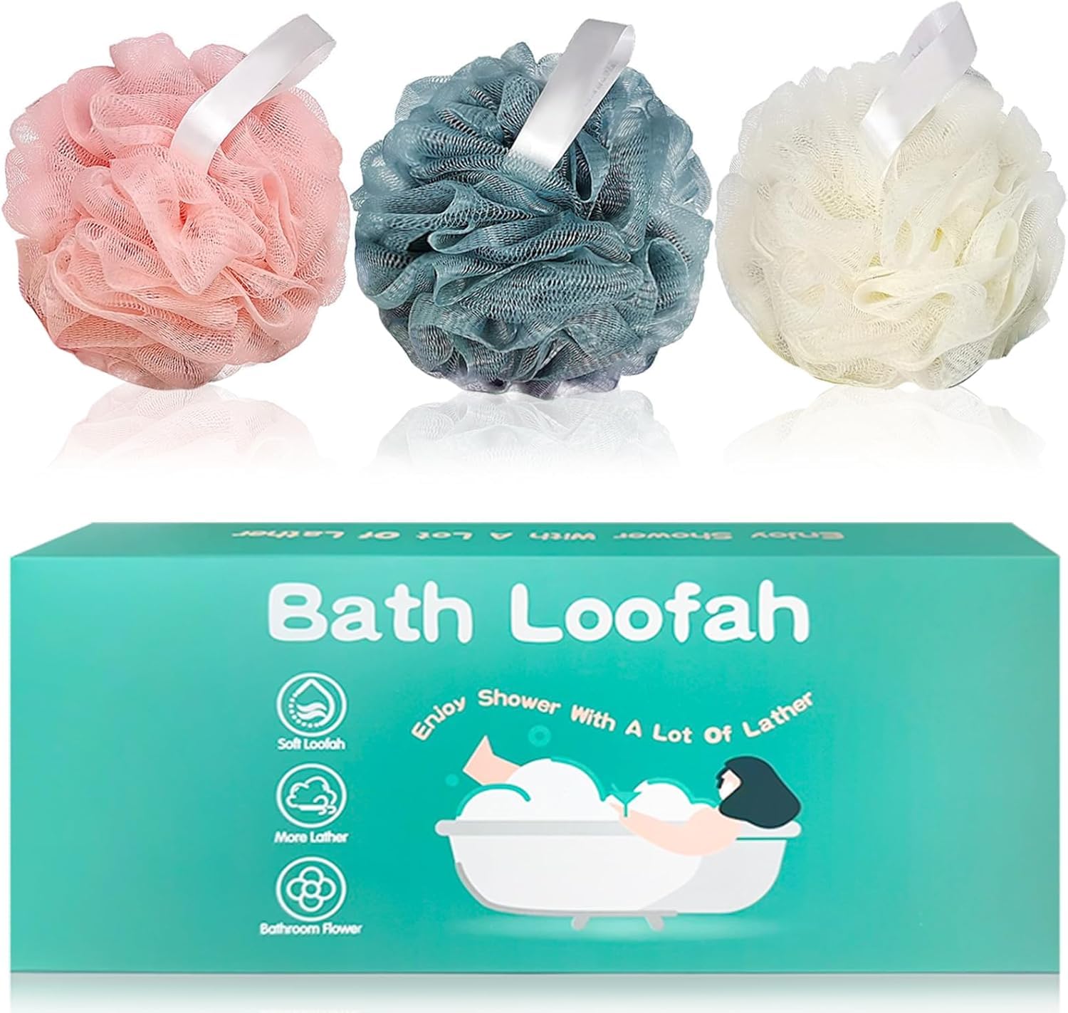 Amazerbst loofah Shower Puff for Women and Men, Soft Body Scrubber Bath Sponge Set of 3 (Pink White Blue)