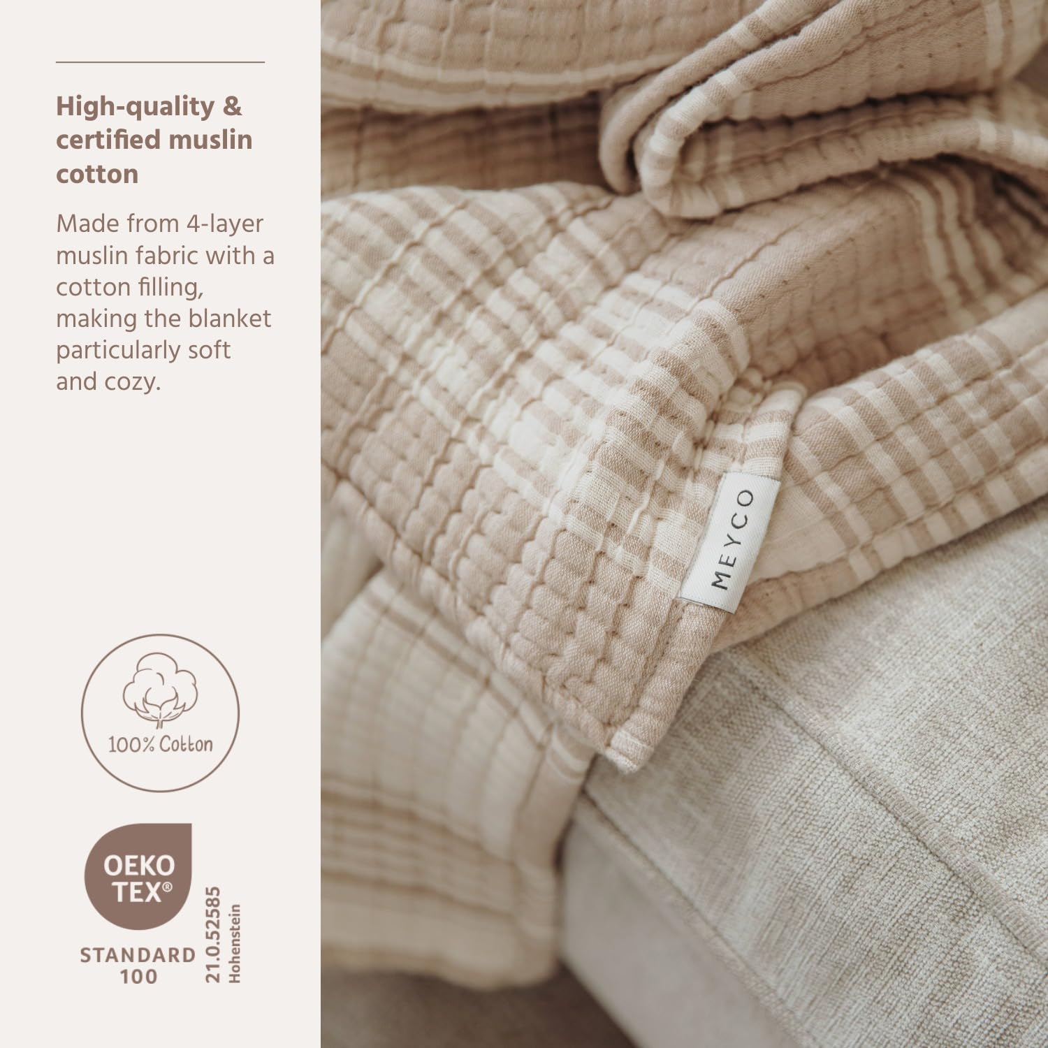 MEYCO Babydecke 100x150cm Musselin Kuscheldecke Stripe Sand