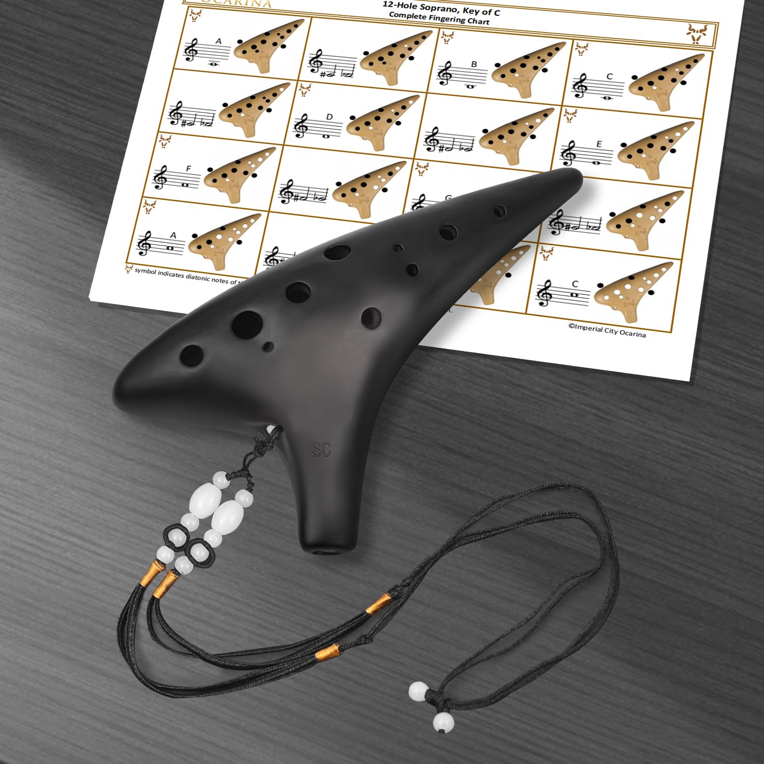 Chiave soprano in Do – Ocarina Professional Master Tuning a 12 fori in ceramica piccola affumicata per sparare con diagramma diteggiatura, cordino da collo e scatola portaoggetti