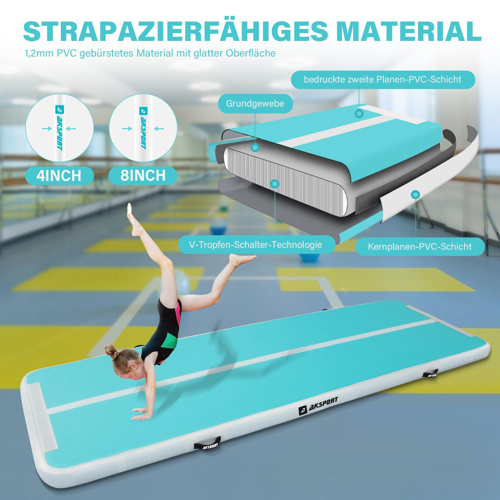 AKSPORT Tappeto Gonfiabile per Ginnastica da 3/4/5/6 metri Air Track Ginnastica Artistica 10/20 cm con Pompa Elettrica per Casa, Campeggio, Palestra,Formazione,Cheerleading