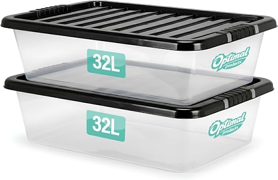 2 x 32 L Underbed Storage Boxes with Lids Set of 2, Clear Multipurpose Nestable Stackable Plastic Storage Box 32L Clear Containers Boxes For Home, Kitchen, Office, Garage, Accessories Uses