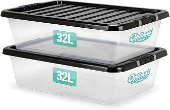 2 x 32 L Underbed Storage Boxes with Lids Set of 2, Clear Multipurpose Nestable Stackable Plastic Storage Box 32L Clear Containers Boxes For Home, Kitchen, Office, Garage, Accessories Uses