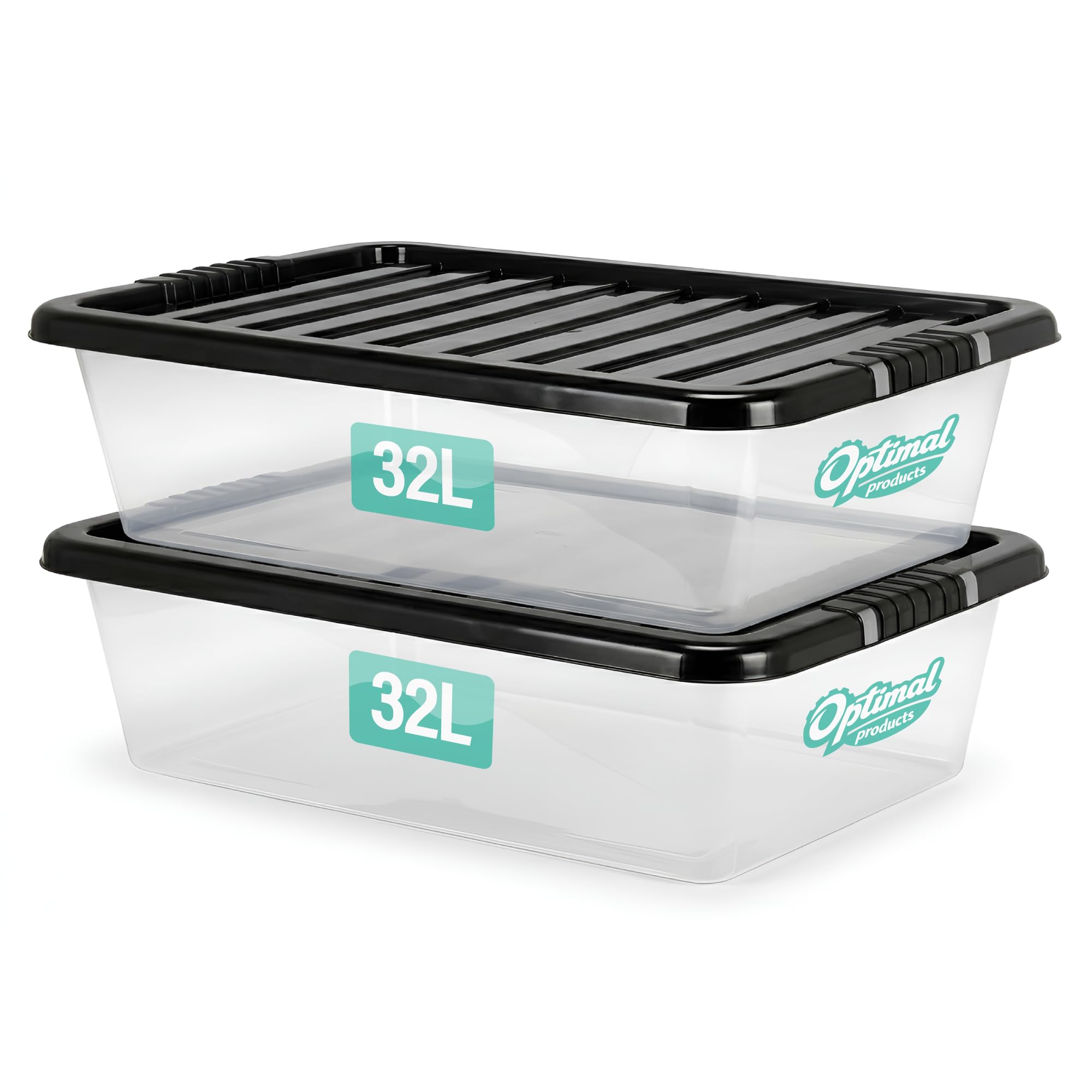 2 x 32 L Underbed Storage Boxes with Lids Set of 2, Clear Multipurpose Nestable Stackable Plastic Storage Box 32L Clear Containers Boxes For Home, Kitchen, Office, Garage, Accessories Uses