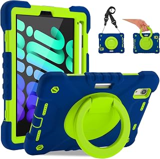 New iPad Mini 6 Case Kids 2021,iPad Mini 6th Generation Case for Kids Built-in Pencil Holder,Heavy Duty Shock Resistant Rugged with 360 Degree Swivel Handle Rugged Case for iPad Mini Case Kids