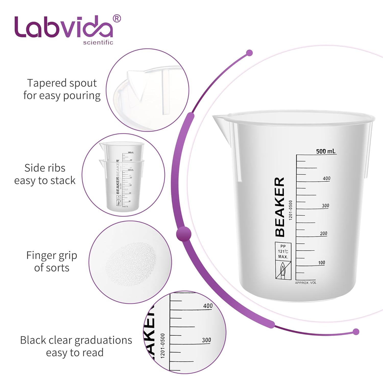 Plastic Beakers sets, 6 Sizes Vol.30ml 50ml 100ml 250ml 500ml 1000ml Stackable Measuring Cup with Black Scale line, Plastic Pitcher Ideal for Science Activities and Household Use, LVB018
