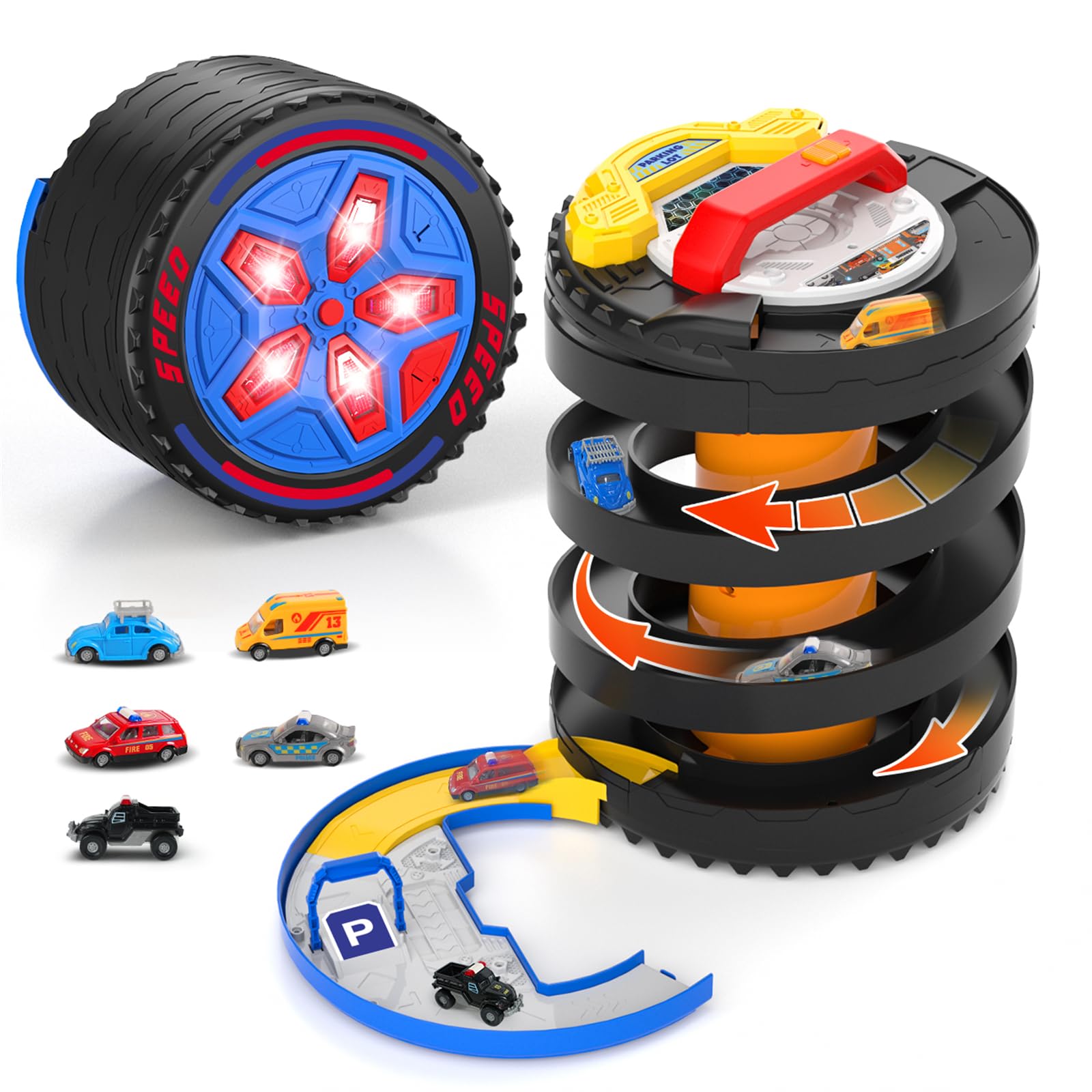 VATOS Set di piste da corsa per auto giocattolo, 2 in 1, pieghevoli, torre per bambini con 5 auto da corsa, gioco con ruota rotante con luci e suoni, giocattoli per auto regalo per bambini e bambine