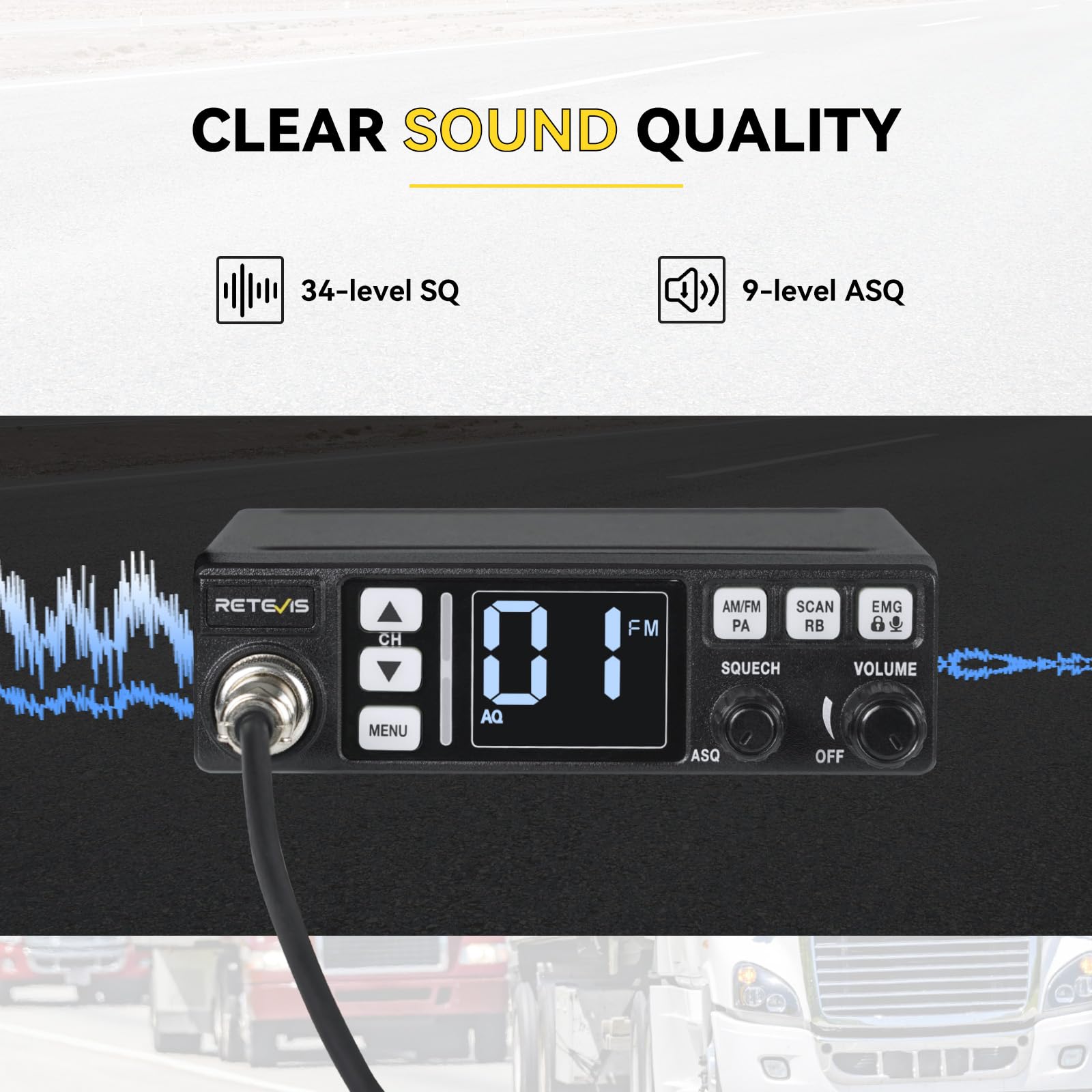 Retevis MB63 CB Radio, CB Radio Kompletny z Anteną, Wyświetlacz LCD, AM/FM, VOX, SQ/ASQ, EMG CH9/19, CB Radio Ręczne do Samochodu (1 Sztuk, Czarny)