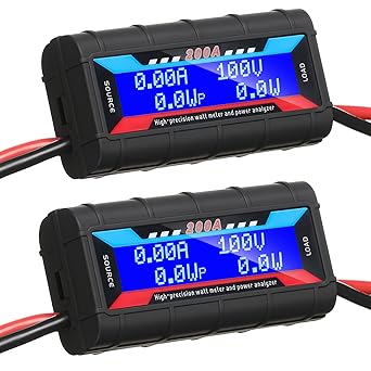 Yunsailing 2 Pcs 200A High Precision Watt Meter Power Analyzer Battery Consumption Performance Monitor Amp Meter Monitor with Backlight Digital LCD Screen for RC Solar Voltage Current Power 100V