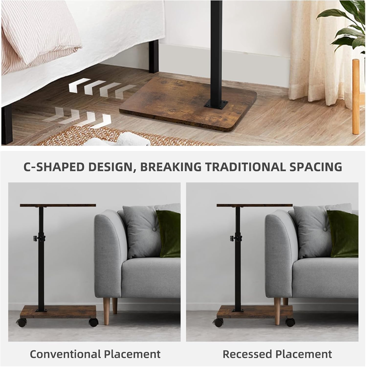 Mesa Auxiliar en Forma de C, Altura Ajustable, Mesa de Sofá con Ruedas, Mesa Pequeña, Side Table, Mesa de Café, Mesa de Cama, Mesa de Noche, Mesa de Cuidados para Salón, Dormitorio, Baño