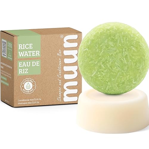 Muun Barra de champú y acondicionador de agua de arroz, barras de jabón sólido fortalecedoras y voluminizadoras, champú clarificante para cabello