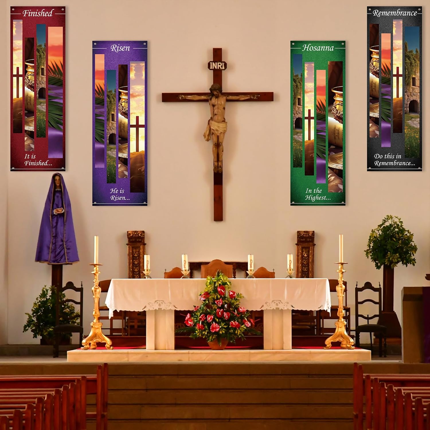 4Pcs Easter Church Banners for Sanctuary Wall Religious Banners Hanging Backdrop Praise Hanging Sign with Scripture Bible Verses Banner Easter Banner for Church School Decor(Light and Shadow)
