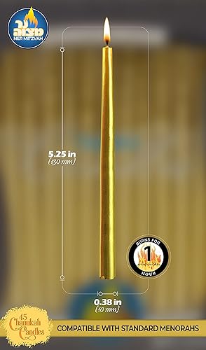 Miniatura 3 de Ner Mitzvah - Velas de Januká sin goteo tamaño estándar color dorado metálico se adapta a la mayoría de menorahs cera de alta calidad 45 unidades