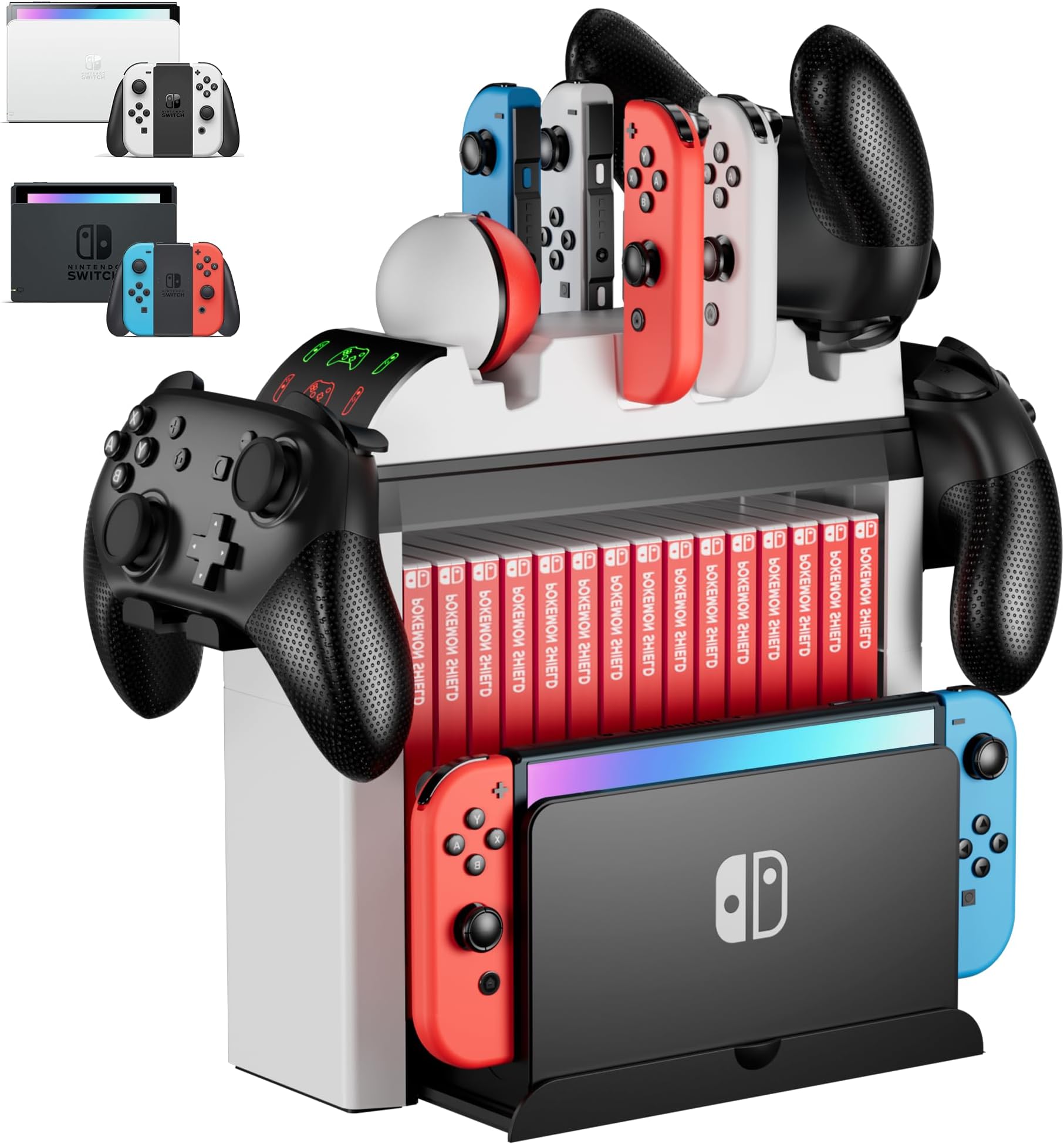Switch Organizer with Controller Charging Station, ZAONOOL Charger Stand for Nintendo Switch/OLED Joycon and Pro Controller, Accessories Storage Tower for Console, Games and Dock