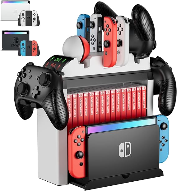 Switch Organizer with Controller Charging Station, ZAONOOL Charger Stand for Nintendo Switch/OLED Joycon and Pro Controller, Accessories Storage Tower for Console, Games and Dock