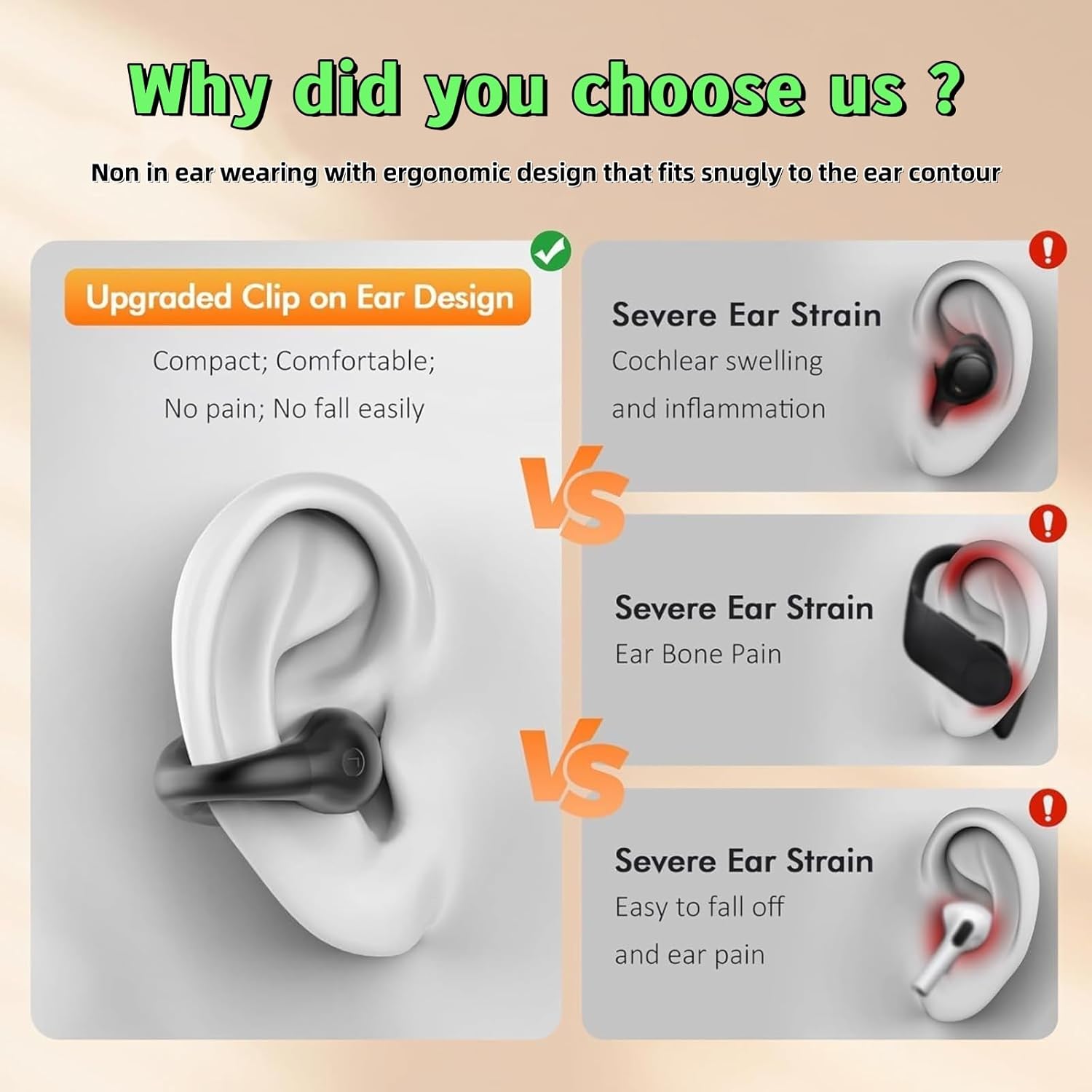 Open Ear Clip Wireless Earbuds Bluetooth 5.3, Sports Earphones Built-in Microphone with Earhooks & Ear Hook, Wireless Charging Case & Display, Waterproof Fitness Headphones for Running