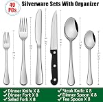 49 Pieces Silverware Sets with Organizer and Steak Knives,Stainless Steel Flatware Sets Service for 8 Person for Home Kitchen,Tableware Cutlery Sets,Includes Knife Spoon and Forks Sets