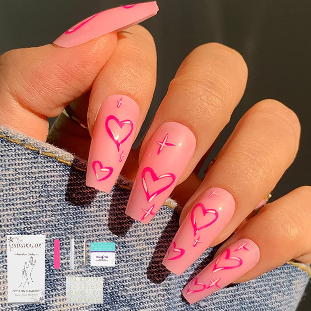 Diduikalor Medium Long Valentines Day Press On Nails Square, Glue on nails with Pink