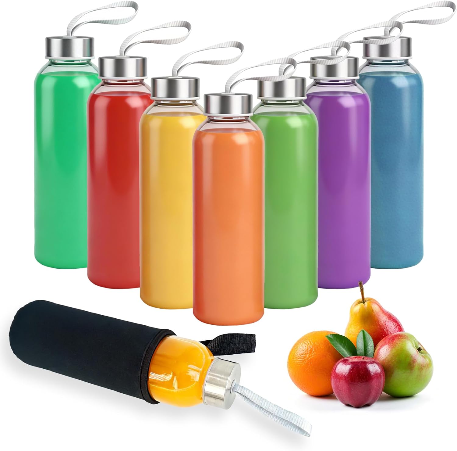 18 Pcs 18 oz Clear Glass Water Bottles Set with Cleaning Brushes and Funnel, Stainless Steel Lids and Protection Sleeve Reusable Glass Juicing Bottles for Milk, Smoothie, Juice (Black)