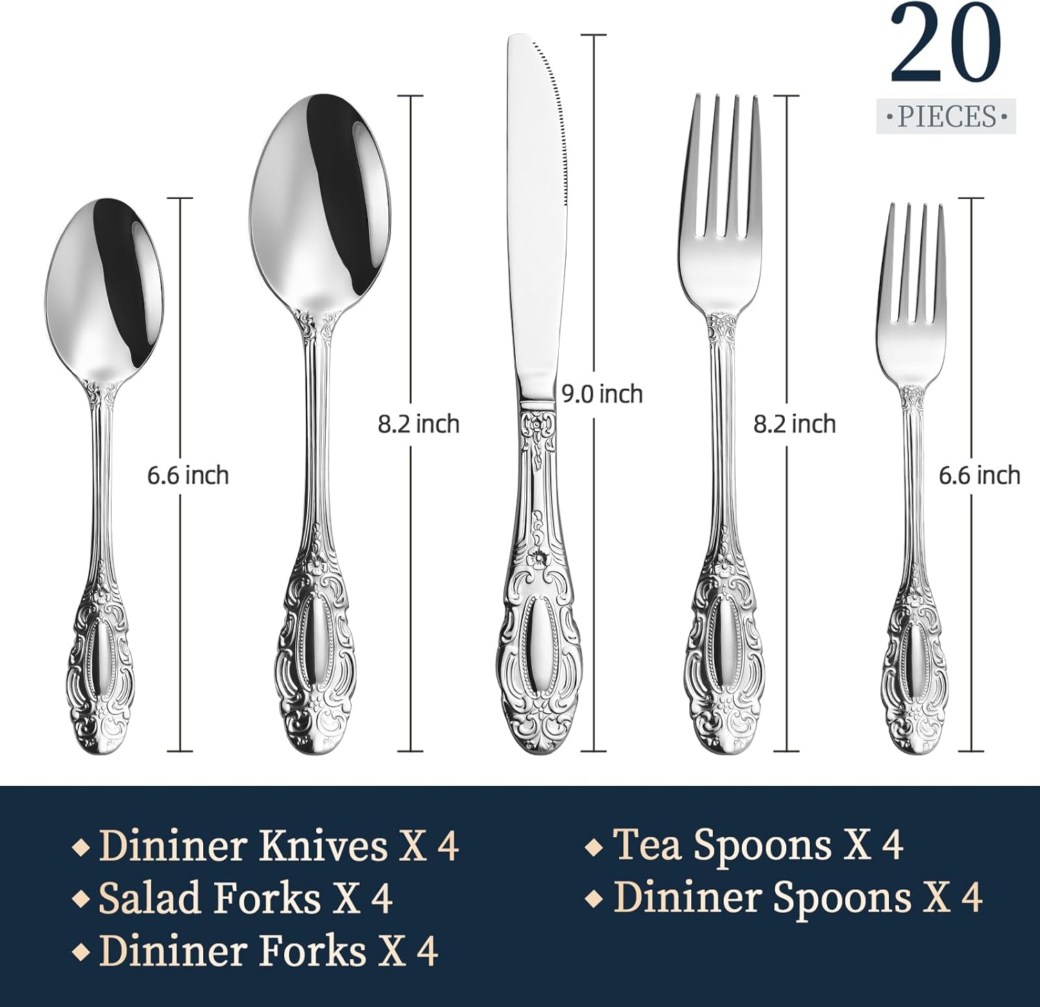 20-Piece Silverware Set for 4, Retro Mirror Polished Flatware Cutlery Set - Dishwasher Safe. Stainless Steel Utensils for Everyday & Holiday Dining
