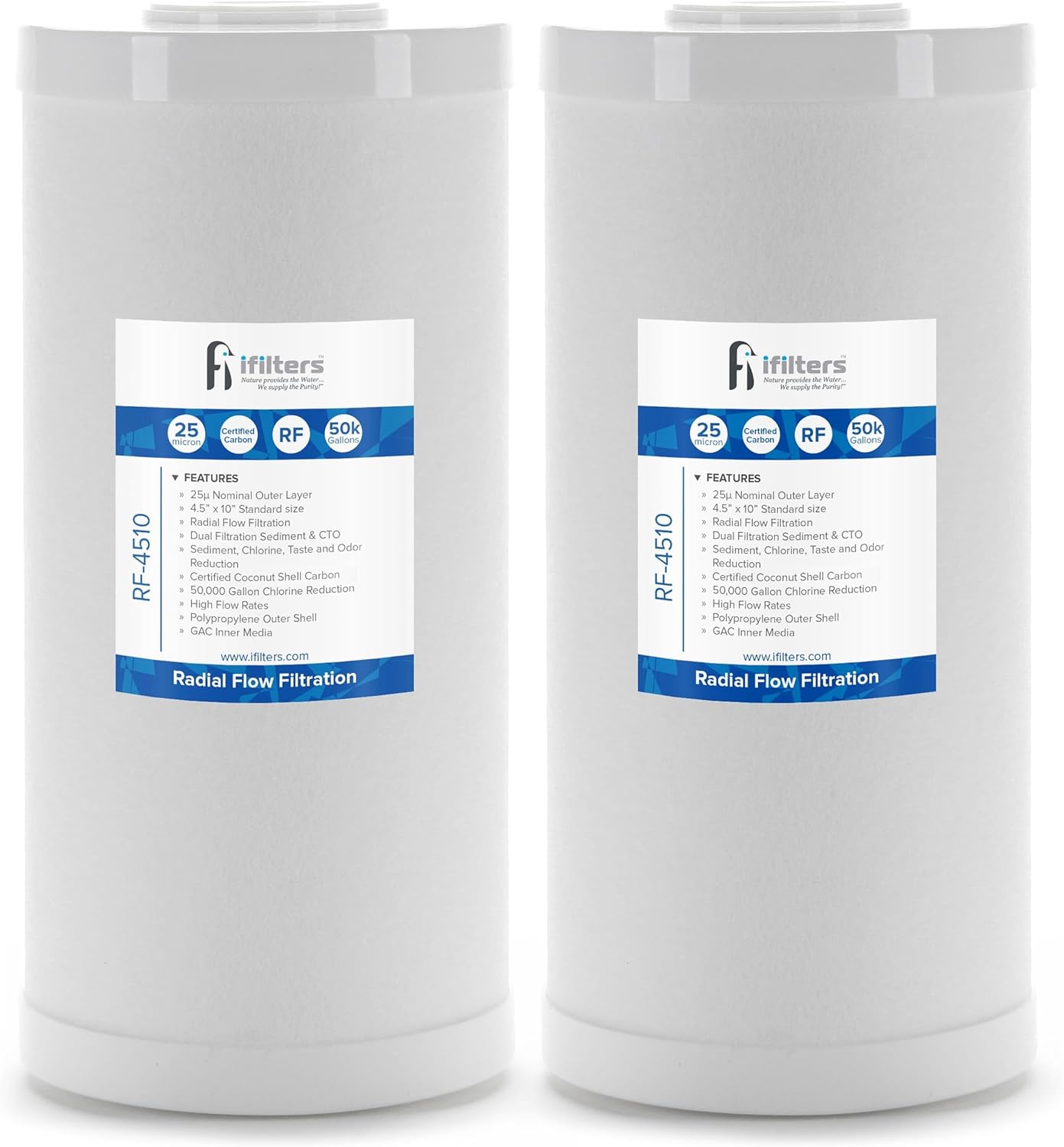 iFilters 5 Micron 10” x 4.5” Whole House Radial Flow Heavy Duty Sediment and Carbon Water Filter Replacement Cartridge for GE FXHTC, GXWH40L, GXWH35F, GNWH38S, Culligan RFC-BBSA, WRC25HD, PP10BB-CC
