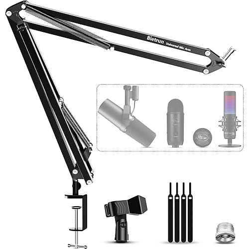 Microphone Boom Arm Desk Mount for Wave/Blue Yeti/Hyperx Quadcast/SM7B/SM58/MV7, Upgraded Metal Stable Heavy Duty Adjustable Scissor Desk Microphone Stand with Handheld Mic Clip, 3/8" to 5/8" Adapter