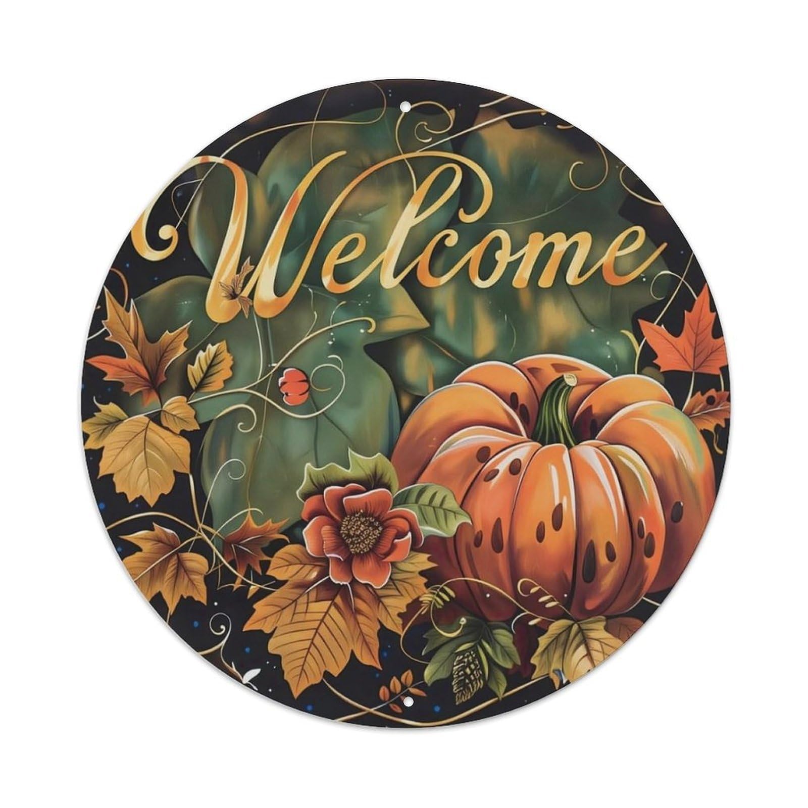 Welcome Autumn Pumpkin Leaves Flower Metal Tin Sign