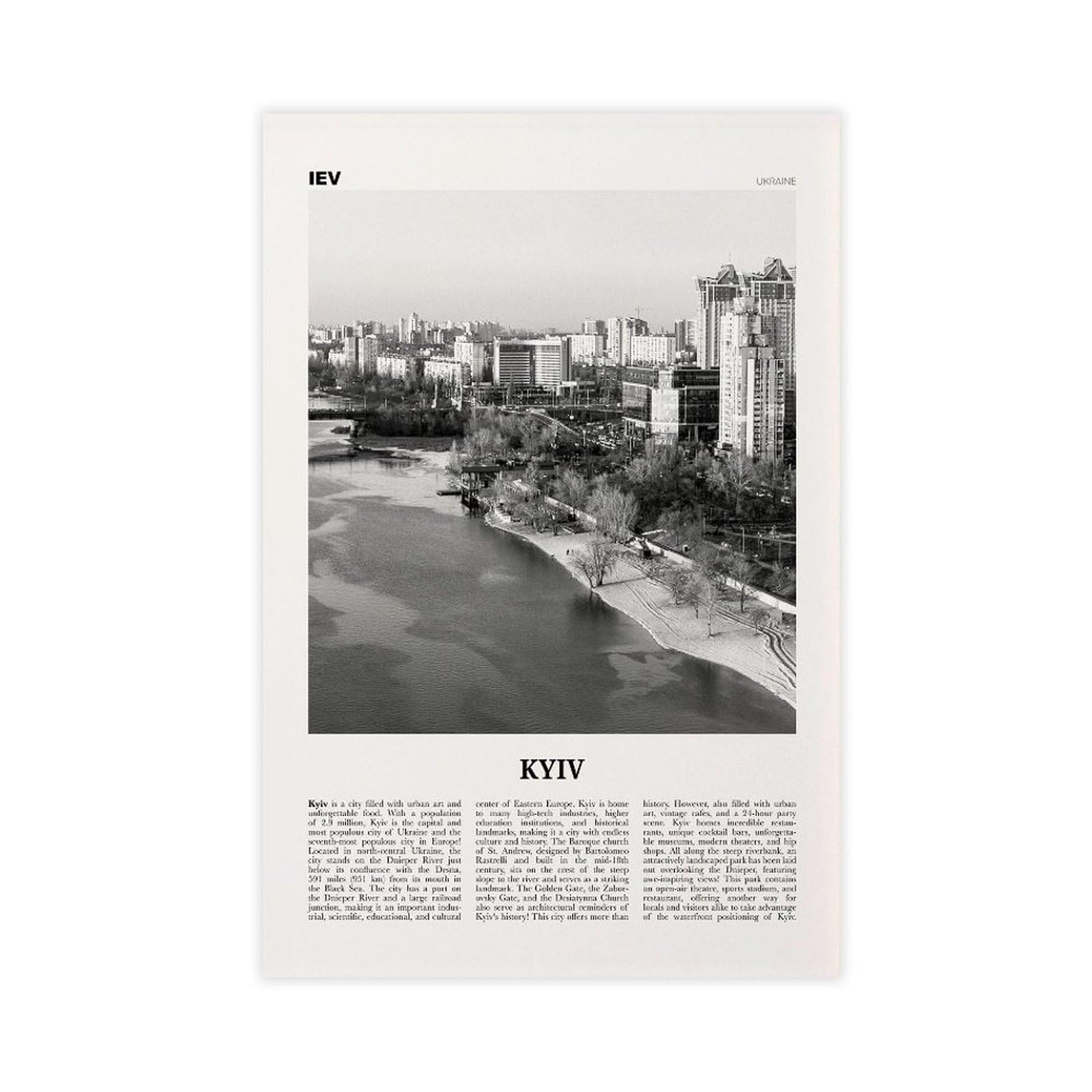 NEOHI Kyiv Print Black And White View, Ukraine, Київ, Kiev Print Black And White City Travel Landscape Canvas Art Wall Decor Posters Home Bar Restaurant Garage Cafe Logo Gift 20x30inch(50x75cm)