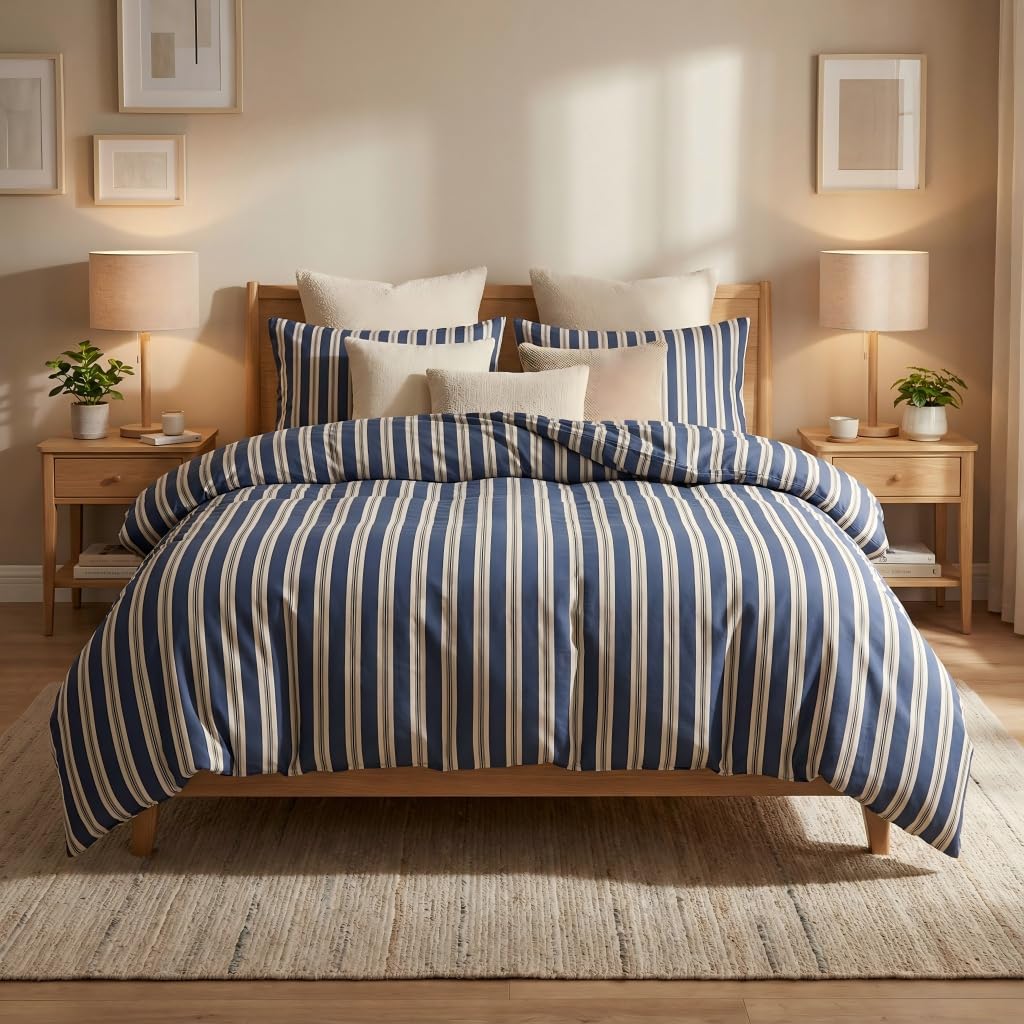 Covebett Blue Striped Duvet Cover Double Blue and White Stripe Bedding Set 3pcs Modern Navy Blue Stripe Microfiber Comforter Cover 200x200 cm with Zipper Closure and 2 Pillowcases 50x75 cm