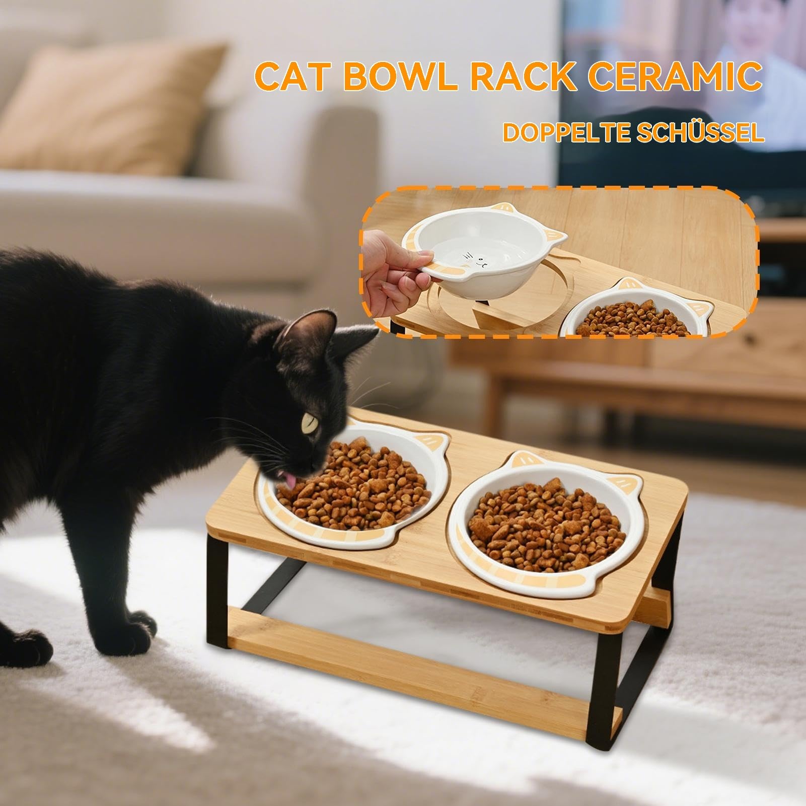 Gamelle surélevée pour Chat - Gamelle surélevée pour Chat | Double gamelle | en céramique avec support en bois anti-fuite pour chatons, chiots, appartements et déplacements