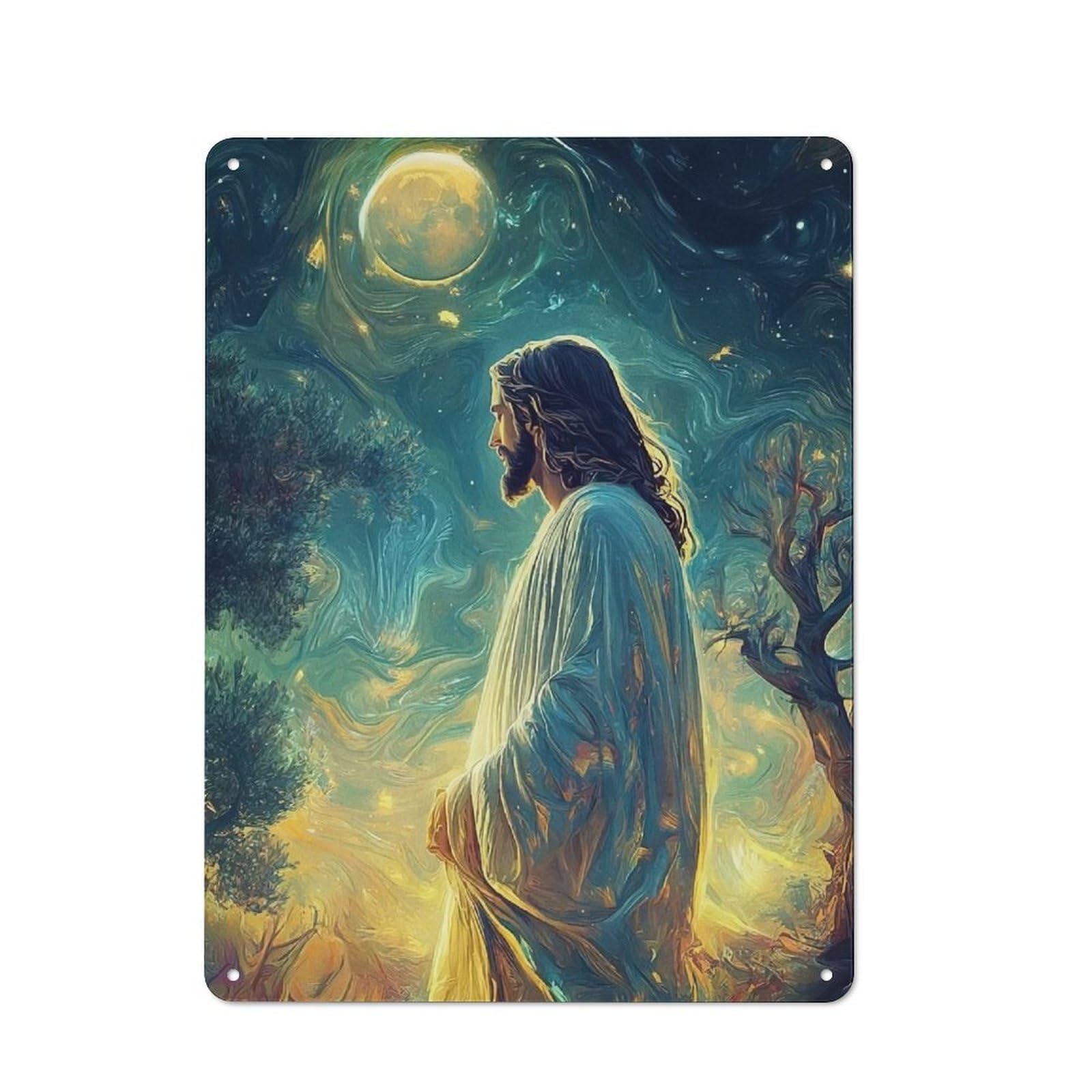 Junmoney Jesus Christ Starry Night Vintage Metal Sign With Design 40X30cm, Vintage Bar Wall Plaque For Cafe, Pub, Workshop Or Home Bar