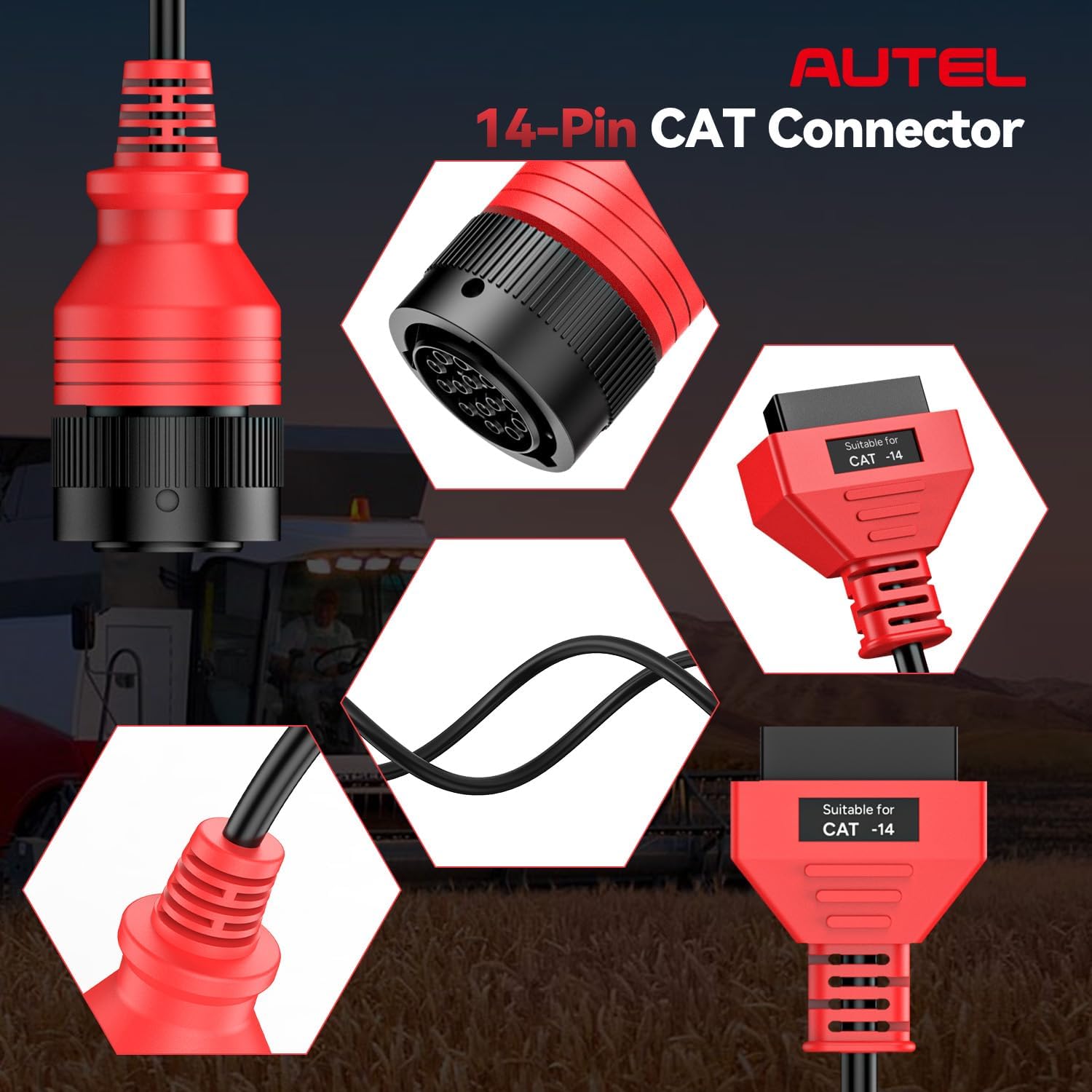 Autel Original CV CAT 14-Pin Adapter, CAT 14 Off Highway Connector for Caterpillar Engines, 2026 Work with Autel Scanner Heavy Duty Truck Semi Scan Tool MaxiSYS MS909CV, MS908CV II, MS908CV, MS906CV
