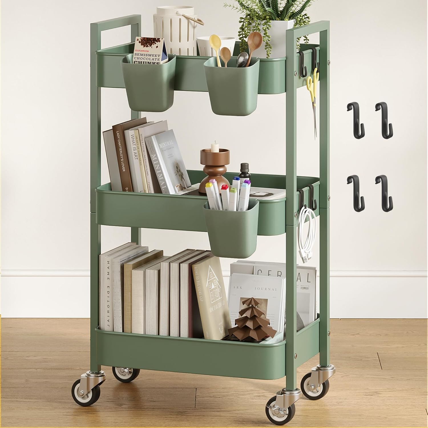 Nunsino 3 Tier Rolling Cart,Utility Cart with Locking Wheels, Hanging Cups,&Hooks, Heavy Duty Metal Storage Organizer Cart for Kitchen,Office, Bathroom,Craft Room,White