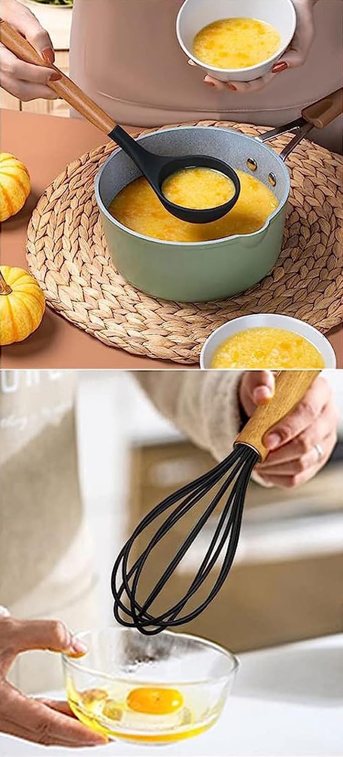 Silicone Cooking Utensils Set, 33PCS Kitchen Gadgets Tools with wooden Handle, Spoons, Spatulas, Whisk, Dishwasher Safe (Cream White, Set of 33)