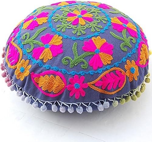 Indacorify Fundas de almohada redondas Suzani tradicionales de Jaipur Boho, fundas de cojín bordadas de 16 pulgadas, fundas de almohada decorativas,