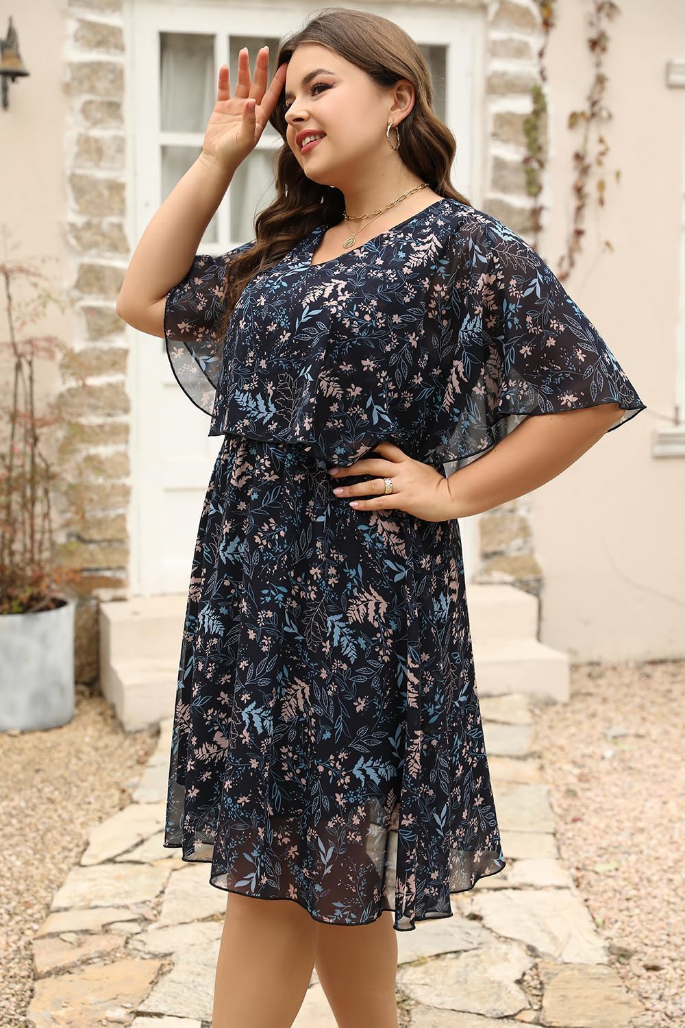 Keluummi Plus Size Summer Wedding Guest Dress for Curvy Women, Casual Boho Floral Empire Waist Midi Flowy Dress with Sleeve - Image 6