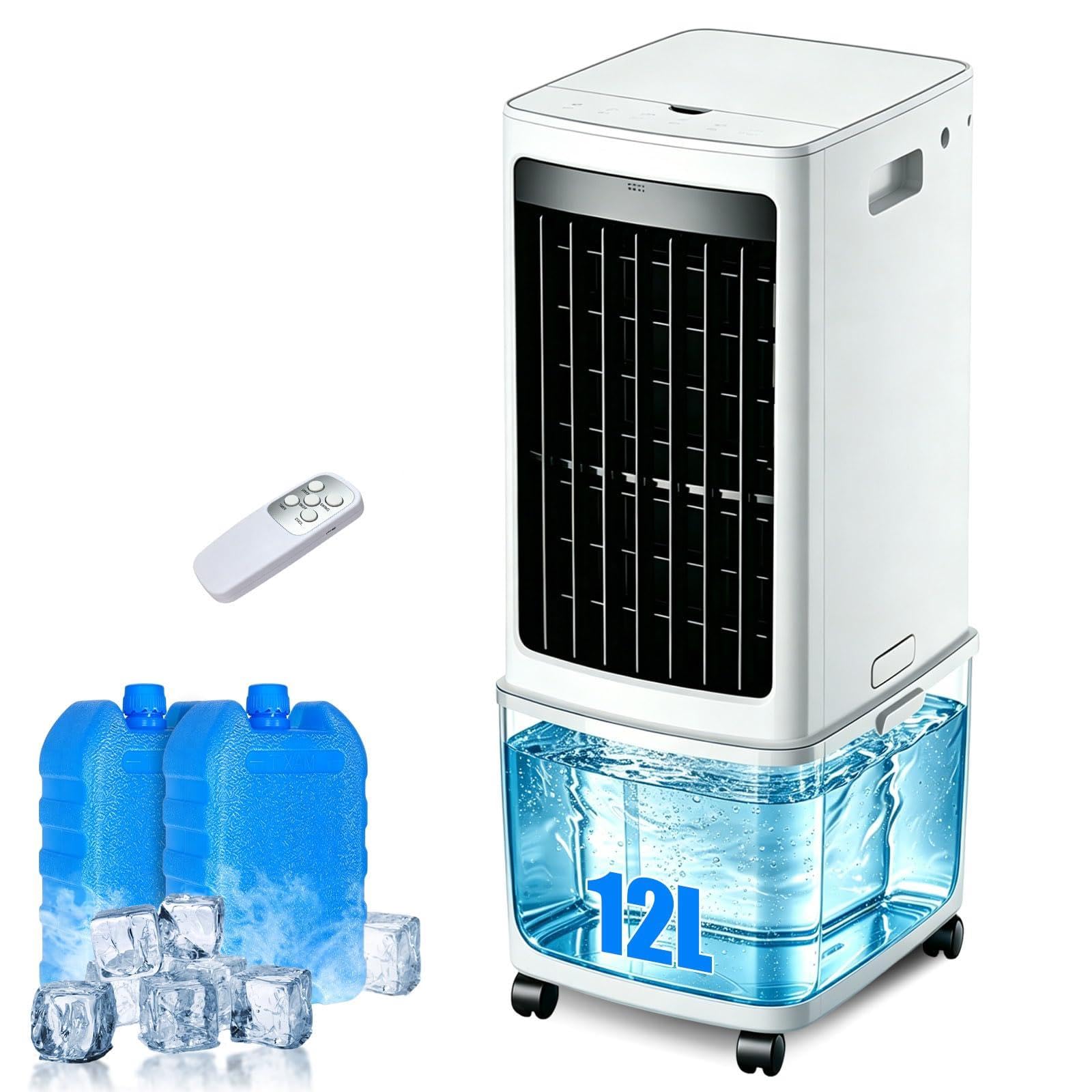 Raffrescatore Evaporativo Portatile 12L, Rinfrescatore d'Aria 3-in-1 con Serbatoio Rimovibile, Portata 1000m³/h, Timer 7.5H, Telecomando, 3 Velocità, 2 Setti Ghiaccio per Camera e Ufficio