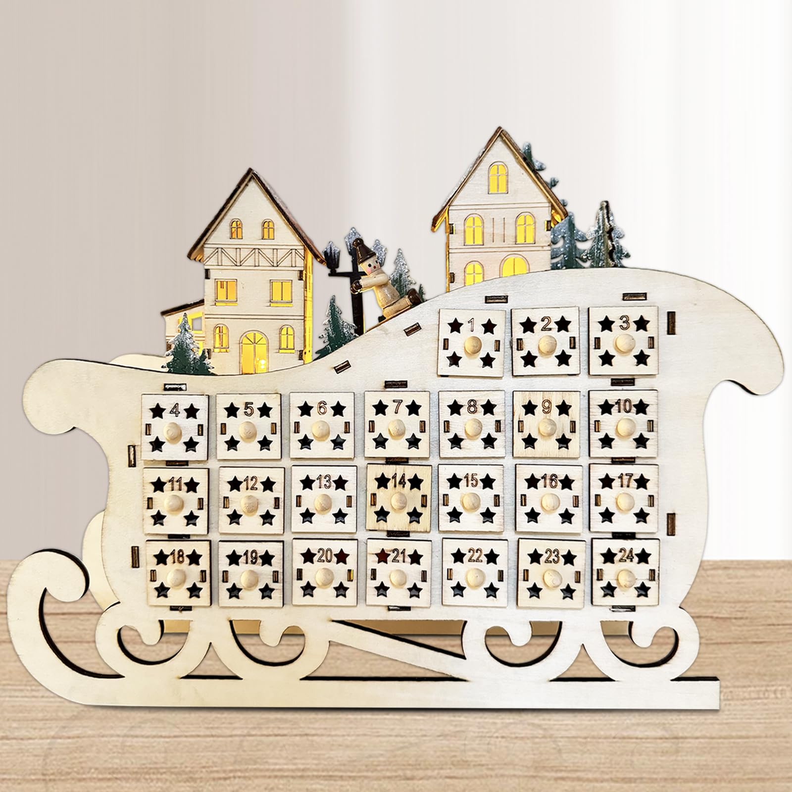 Irieiply Calendario de Adviento de madera con trineo de Navidad con 24 cajones, decoración LED, cabina y árbol de Navidad, calendario de Adviento vacío cuenta regresiva para Navidad para niños
