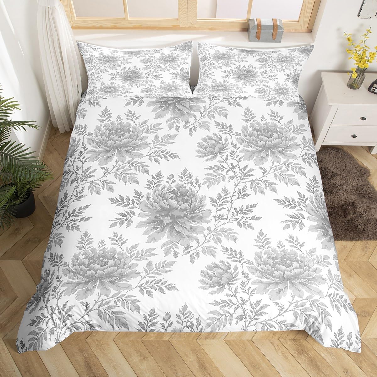 jejeloiu Grey Floral Bedding Set Toddler Size Botanical Flower Spring Duvet Cover for Boys Girls Floral Comforter Cover,No Comforter