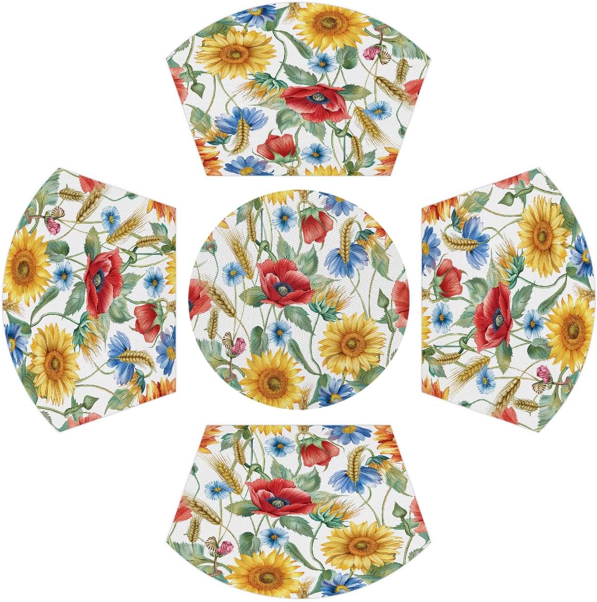 PVC Wedge Placemats for Round Tables Set of 5,Waterproof Heat-Resistant Table Mats, 17.7x11.8 Inch, Geometric Flower Green Plaid Printed Decor
