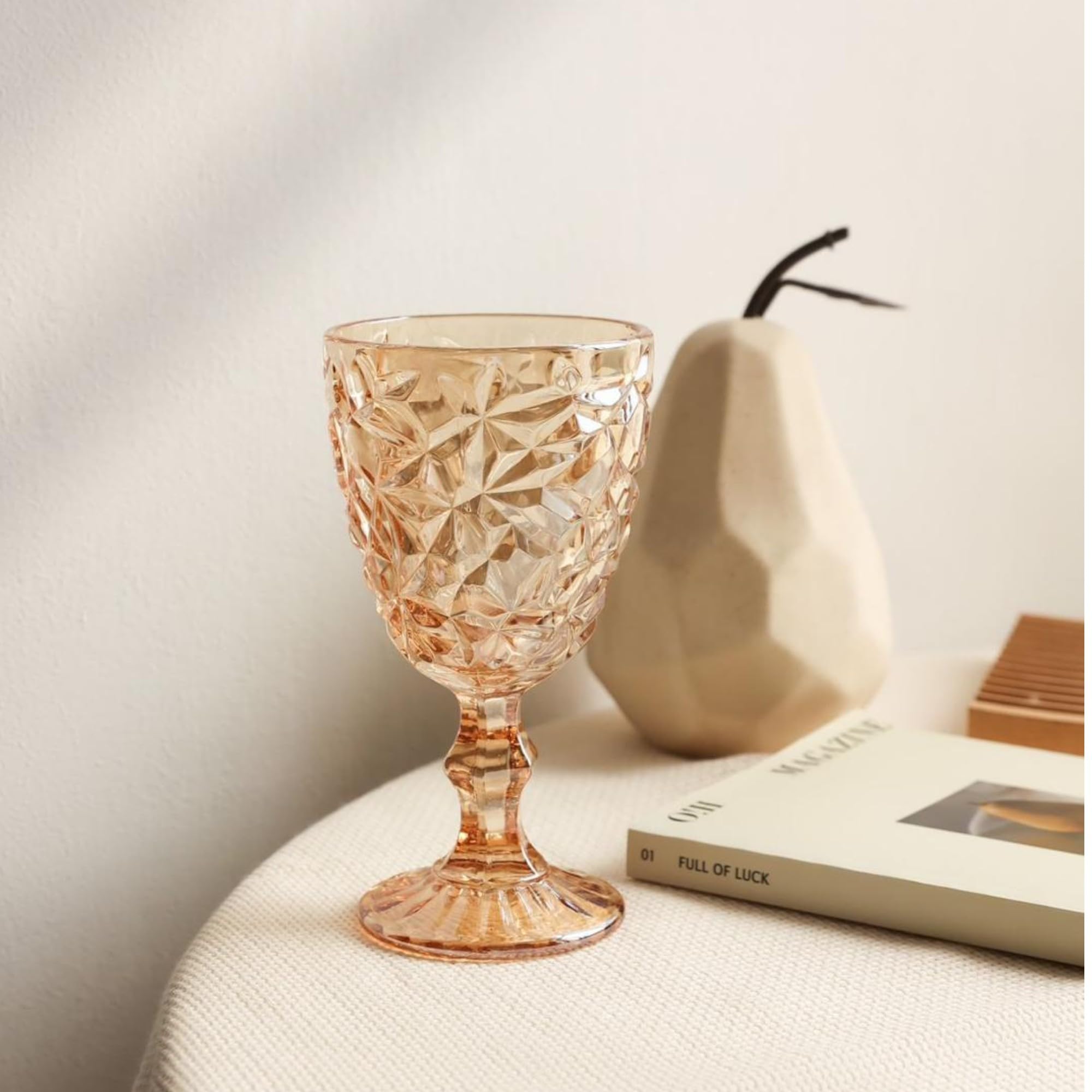 Lot de 6 Verres Vintage à Vin, Champagne et Boisson - Gaufrage en Cristal de Glace/Jaune (300 ml) - Pour Mariage, Dessert avec Carafe
