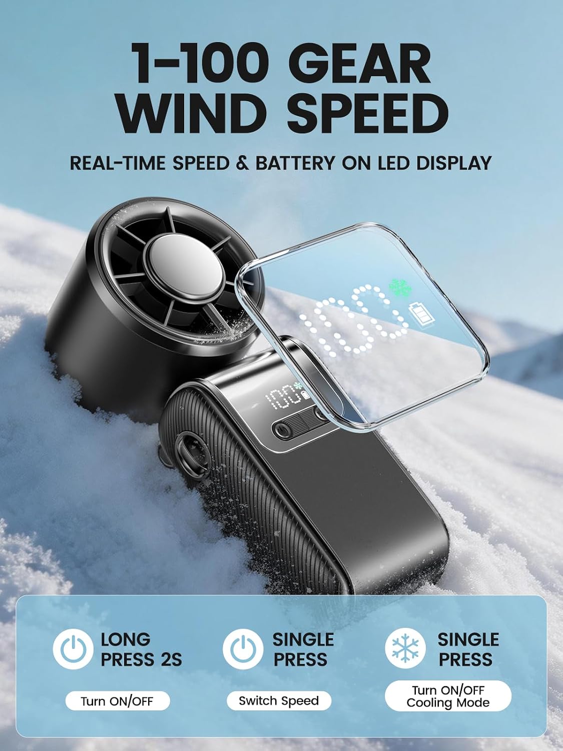 Portable Mini Handheld Fan, Small Hand Fan with Ice Cooler, 100 Speeds, 11Hrs Cooling Time, 20000 RPM Turbo Hand Held Fan for Travel, Outdoor, Beach & Makeup Black