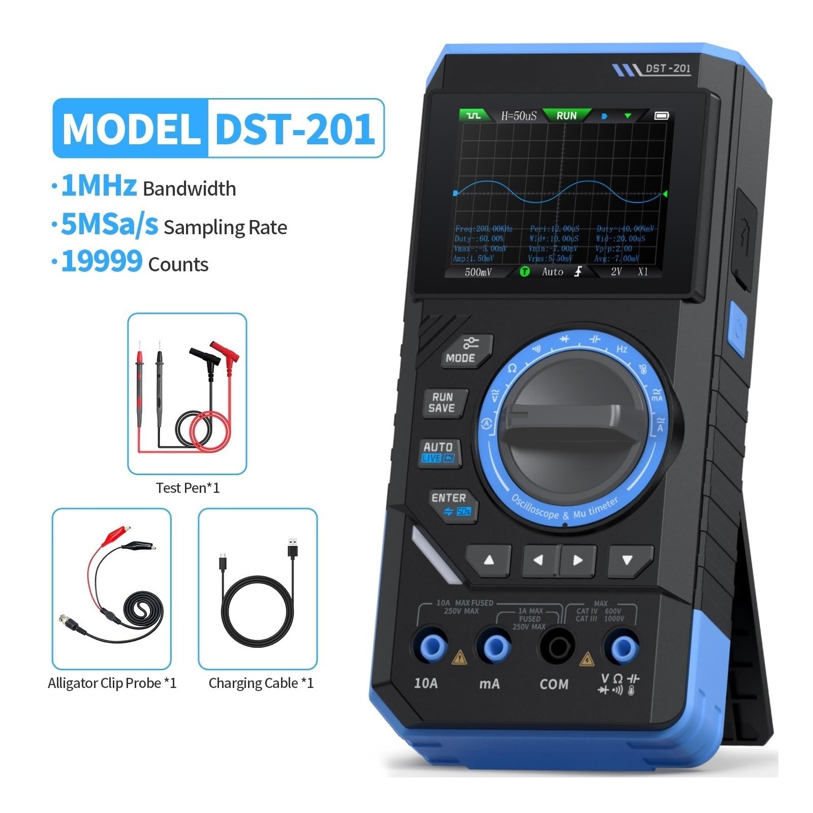 Osciloscopios, Osciloscopio portátil DST-210 de 10 MHz, multímetro 19999 recuentos y probador forma onda(DST-201 (1MHZ))