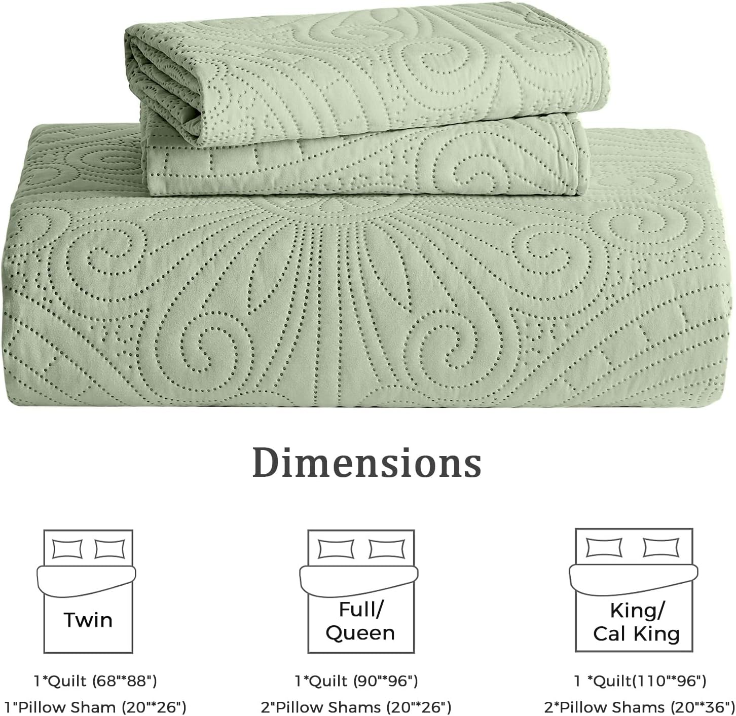 WURUIBO Full/Queen Quilt Set Sage Green,Ultrasonic Embossed Bedspread, Lightweight Microfiber Coverlet, Modern Thin Bedding Set for All Season, 3 Piece(1 Quilt,2 Pillow Shams) - Image 6