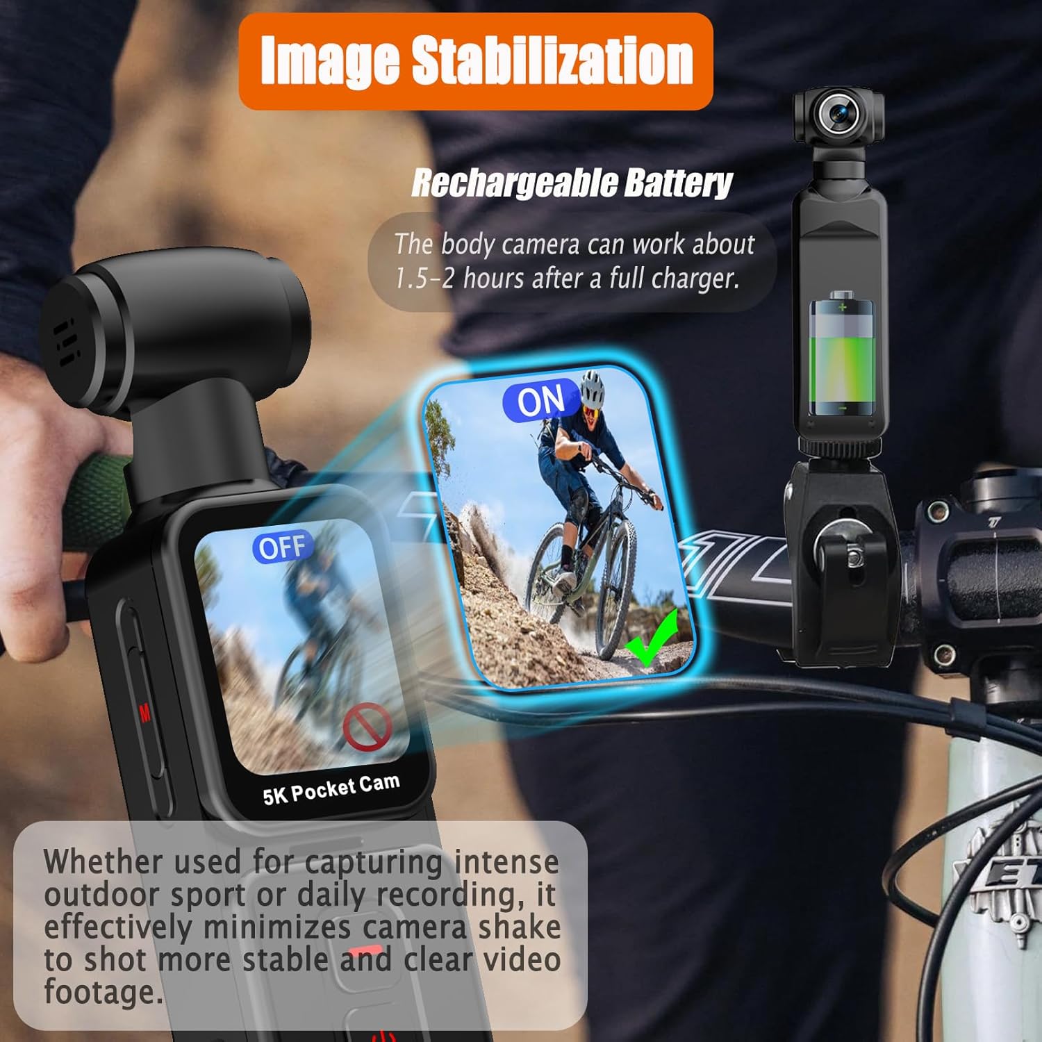 Pocket Camera 5K with Face Detection Automatic Rotating Lens, Vlogging Camera Body Cam with Rotatable Touch Screen, External Mic, Remote Control, 64GB Card