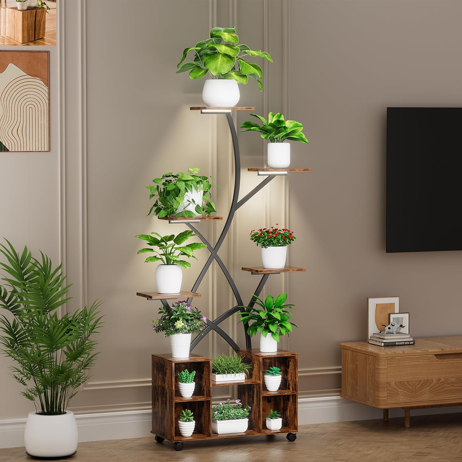 Artswish 63” Plant Stand Indoor with Grow Lights & Wheels, Metal Plant Shelves, 8-Tier Lighted Plant Stands for Multiple Plants, Corner Plant Holder, Metal Flower Rack for Home, Patio, Rustic Brown