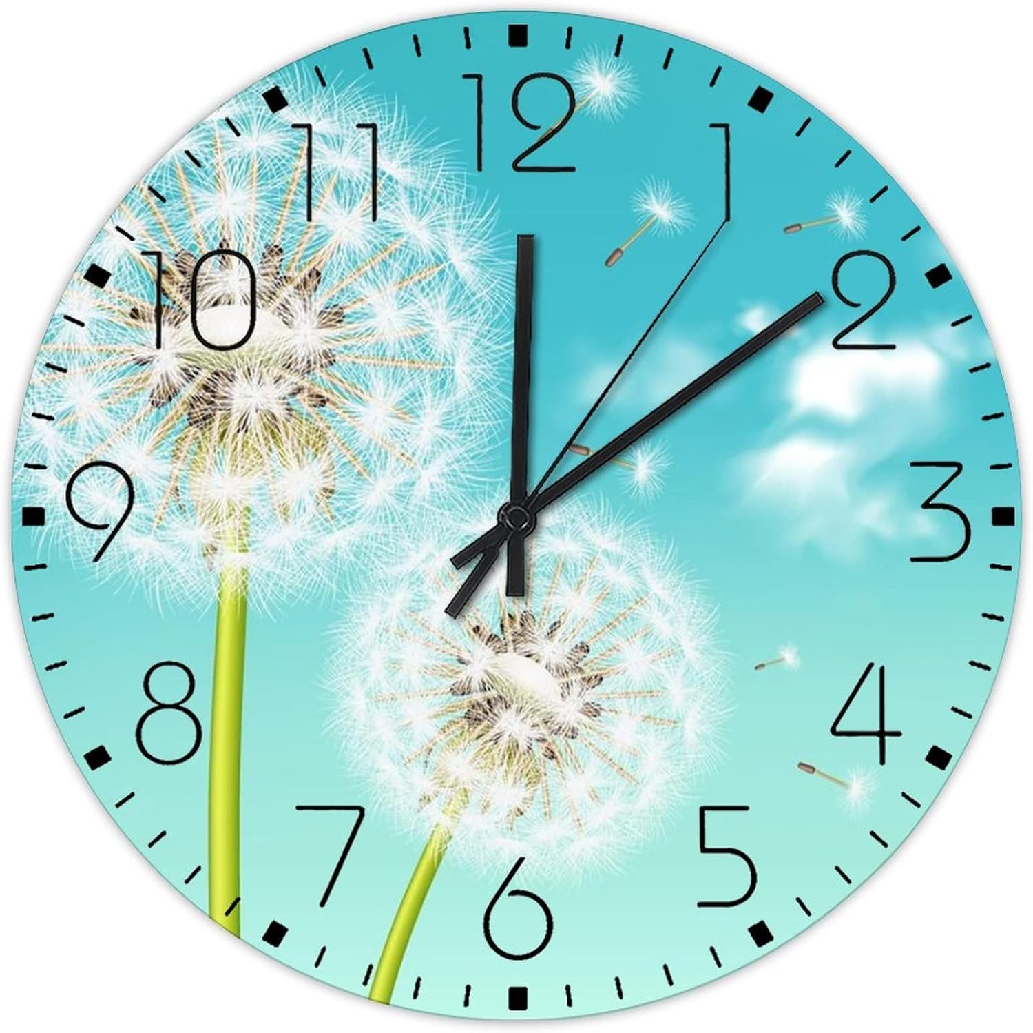 12 Inch Silent Non-Ticking Wall Clocks Battery Operated White Dandelion Turquoise Home Decoration for School Nature Flowers Abstract Artwork Vintage Round Wooden Wall Clock Vintage for Cabin Entryway