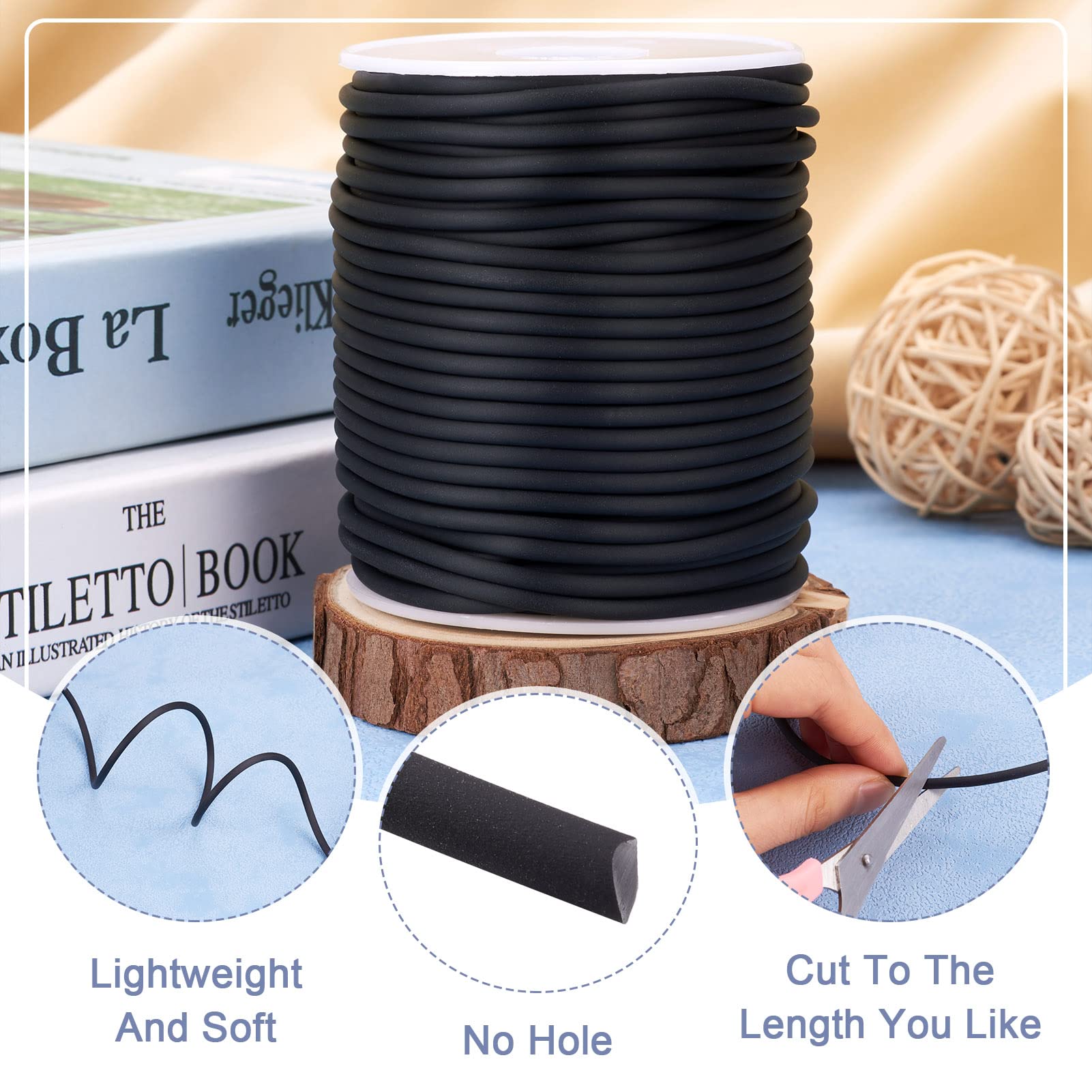 Cordoncino Elastico Per Gioielli In Gomma E PVC - 5 Mm X 10 Metri - Nero, Senza Foro, Su Bobina Di Plastica
