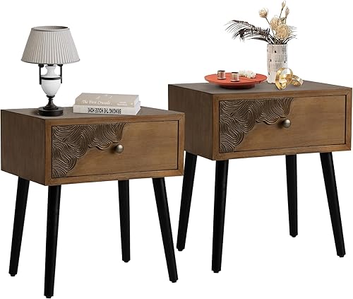 Miniatura 9 de HOMPUS End Table w Pattern, Nightstand w 2 Storage Drawers, Small Night Stand w Wood Grain Finish, Modern Vintage Accent Table Side Table for Living
